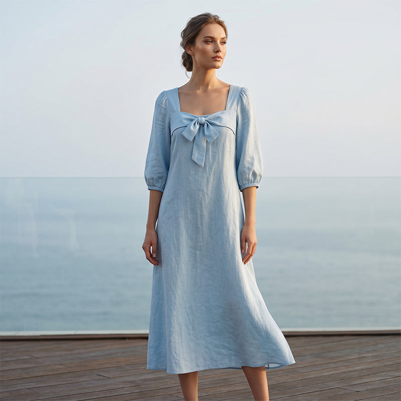 👗🌸 Kvinnlig midiklänning med rosett och fyrkantig hals
