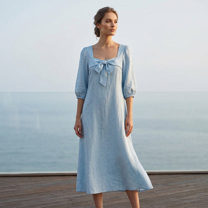 👗🌸 Kvinnlig midiklänning med rosett och fyrkantig hals