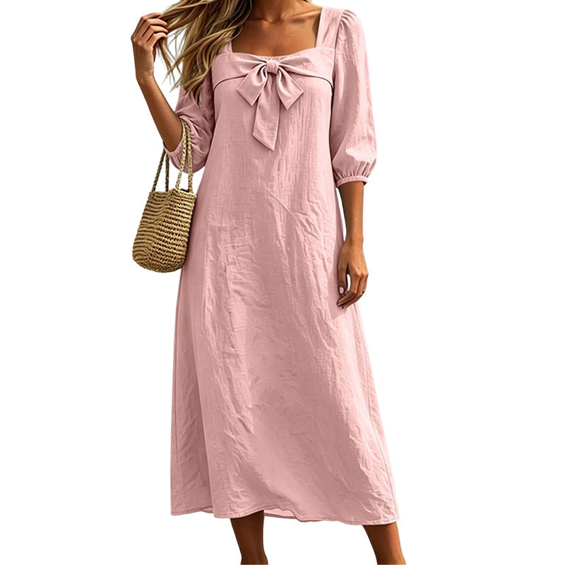 👗🌸 Kvinnlig midiklänning med rosett och fyrkantig hals