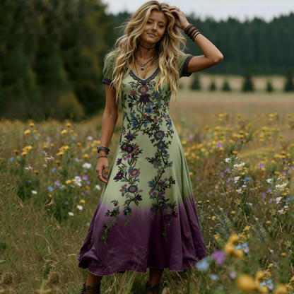 Vintage-maxiklänning med V-ringning och blommönster för damer