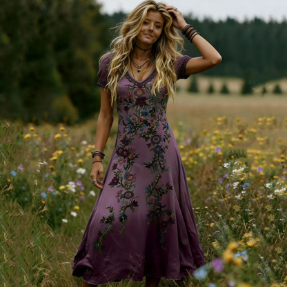 Vintage-maxiklänning med V-ringning och blommönster för damer