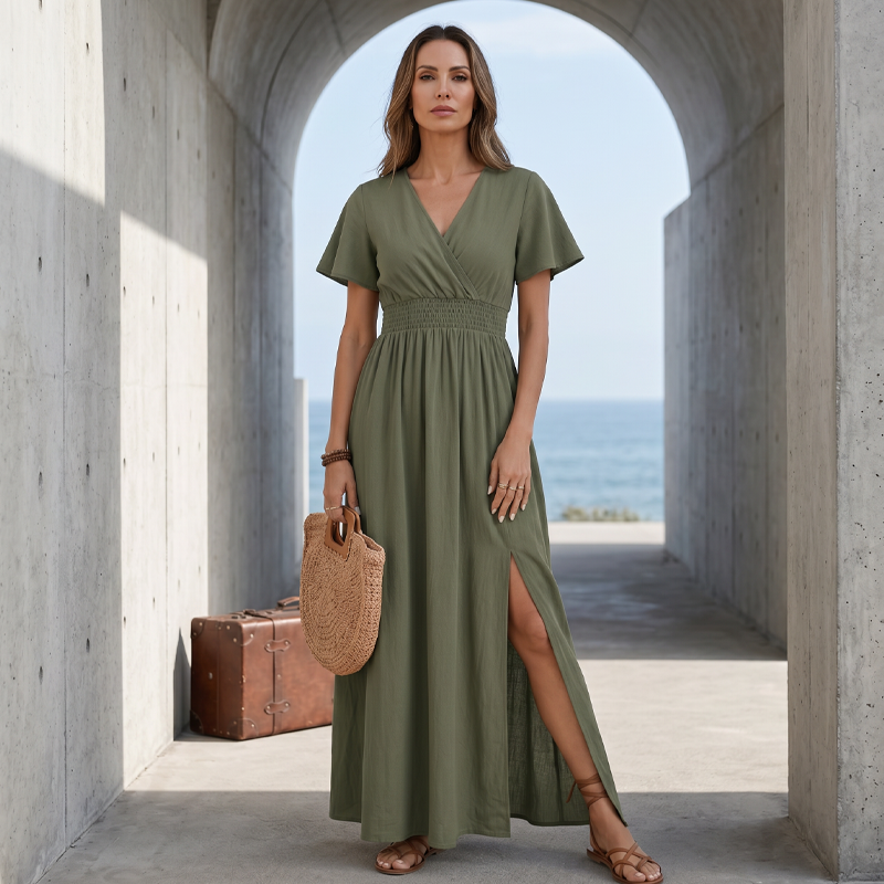 👗🌸 Elegant maxiklänning med V-hals och slits i sidan