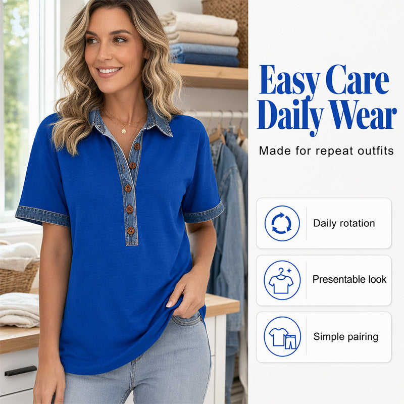 👕🌸 Elegant kortärmad topp med V-hals och kontraster