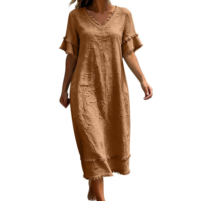 👗🌸 Ledig midi-klänning med V-ringning och bohemiska tofsar