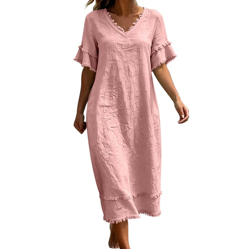 👗🌸 Ledig midi-klänning med V-ringning och bohemiska tofsar