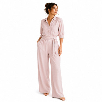 Jumpsuit för damer med halvlånga ärmar och vida ben