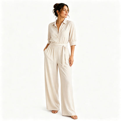 Jumpsuit för damer med halvlånga ärmar och vida ben