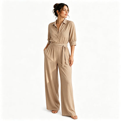 Jumpsuit för damer med halvlånga ärmar och vida ben