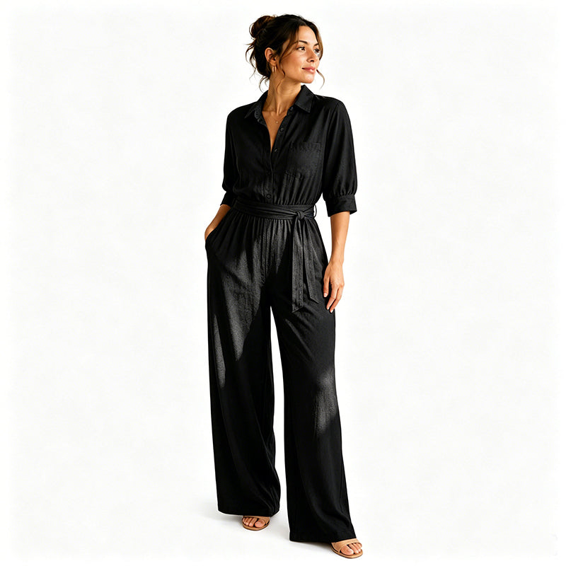Jumpsuit för damer med halvlånga ärmar och vida ben