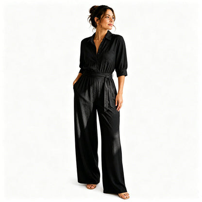 Jumpsuit för damer med halvlånga ärmar och vida ben