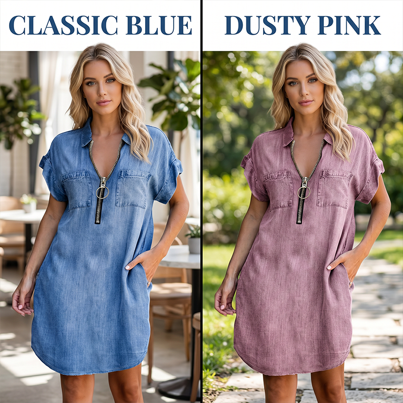 👗✨ Mångsidig denimklänning med snygg frontdragkedja