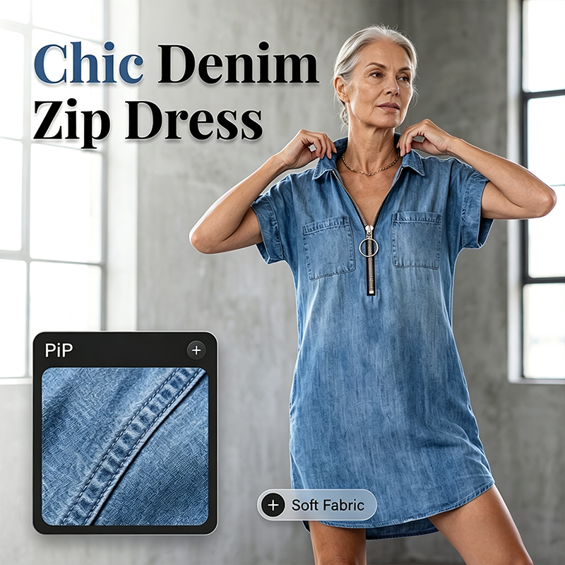 👗✨ Mångsidig denimklänning med snygg frontdragkedja