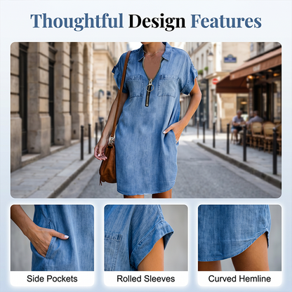 👗✨ Mångsidig denimklänning med snygg frontdragkedja