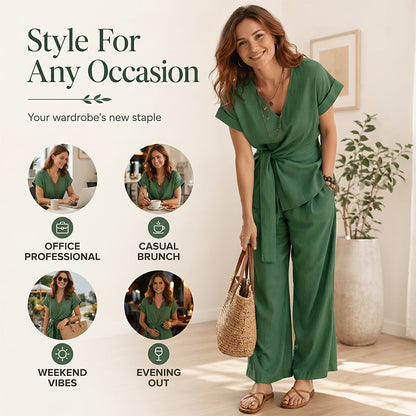👖 Elegant set med knytbälte och flödande vida ben
