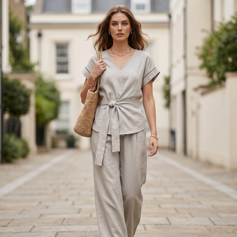 👖 Elegant set med knytbälte och flödande vida ben