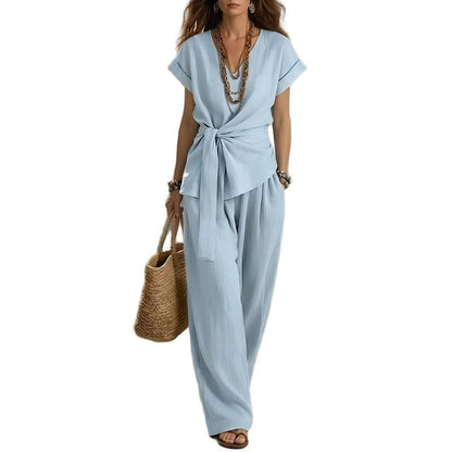 👖 Elegant set med knytbälte och flödande vida ben