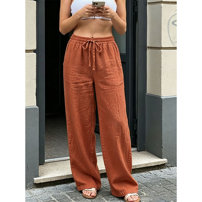 👖🌿 Avslappnade raka byxor med hög midja och fickor– Snygg Komfort för Varje Dag ✨