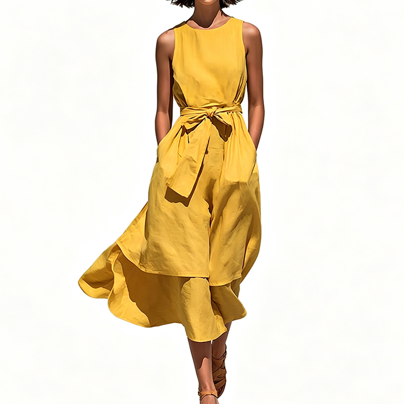 👗 Lång ärmlös damklänning – Hög midja med knytbälte, flödande passform