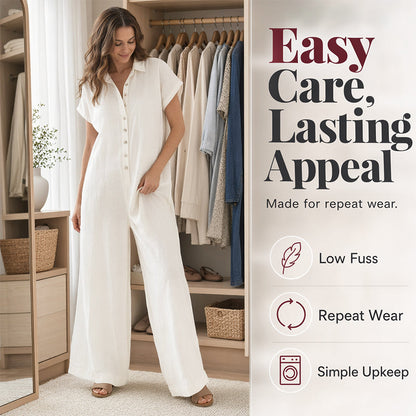 Löst sittande kortärmad jumpsuit med knappar för damer
