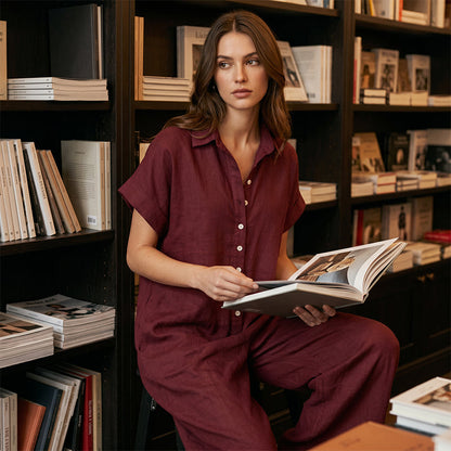 Löst sittande kortärmad jumpsuit med knappar för damer