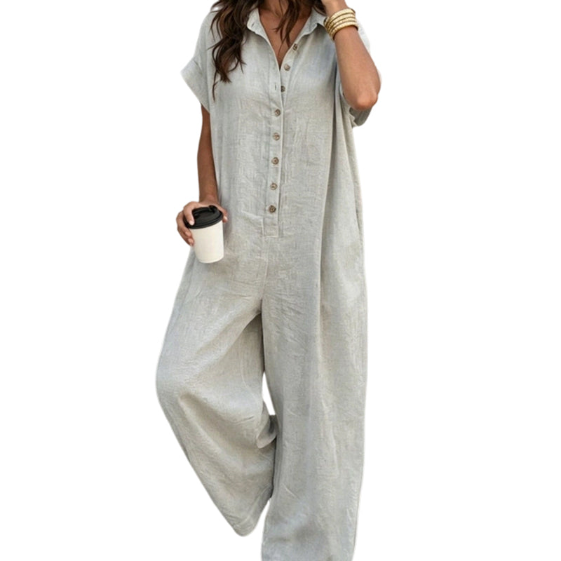 Löst sittande kortärmad jumpsuit med knappar för damer