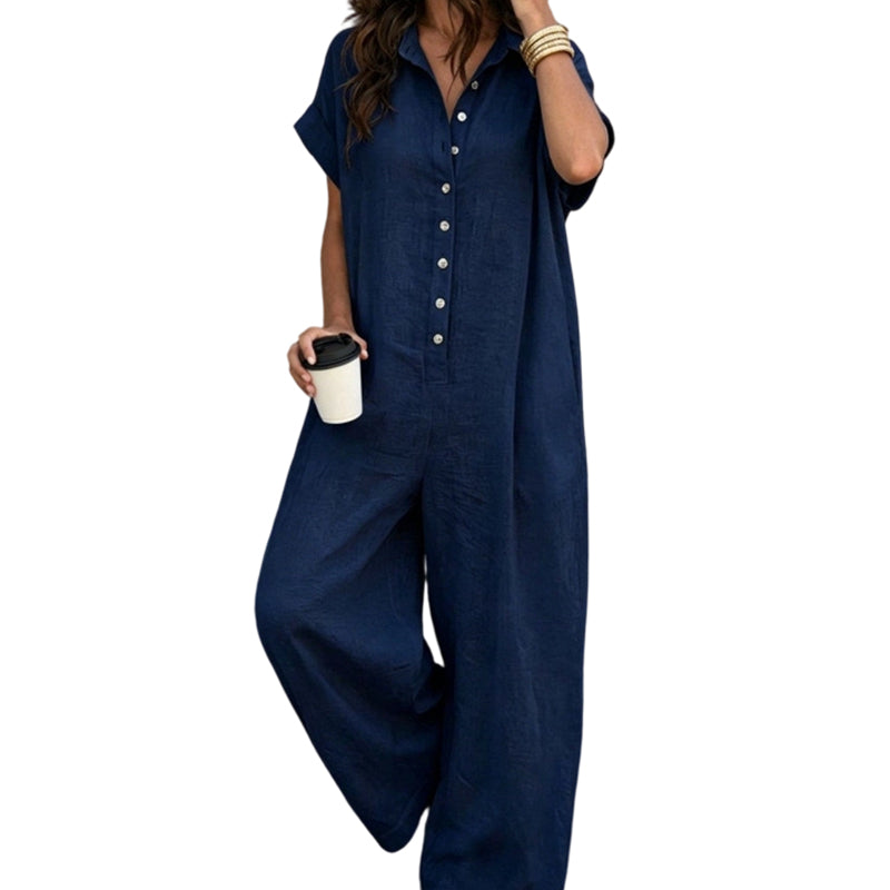 Löst sittande kortärmad jumpsuit med knappar för damer