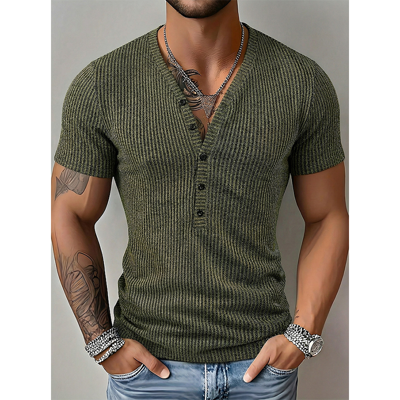 Vår-T-shirt för män med struktur och tvåfärgade ränder samt V-ringning 👕 Markanta ränder, djup V-ringning – en modern, sportig passform för träning och annat ✨