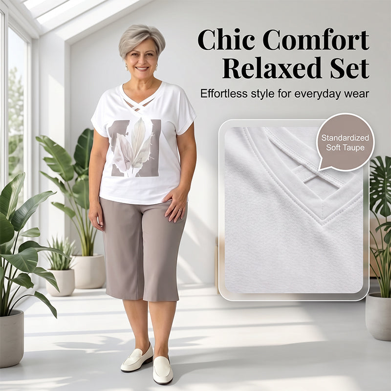 👗 50% RABATT NU! 🌿 Casual Tvådelat Set för Dam – V-ringad T-shirt & Croppad Byxa – Avslappnad Passform & Premium Hudvänligt Tyg – Perfekt för Vardag & Semester ☀️
