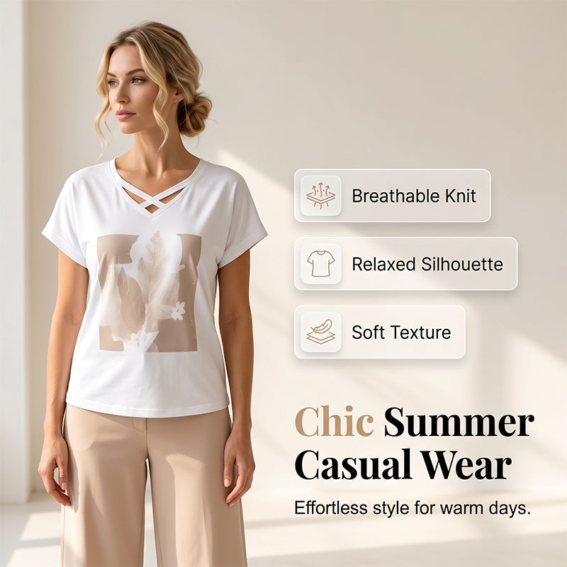 👗 50% RABATT NU! 🌿 Casual Tvådelat Set för Dam – V-ringad T-shirt & Croppad Byxa – Avslappnad Passform & Premium Hudvänligt Tyg – Perfekt för Vardag & Semester ☀️