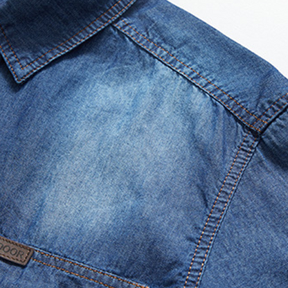 👔 50% RABATT NU! 🌊 Herr Casual Denimskjorta med Korta Ärmar – Bomullsblandning & Vintage Tvättad – Perfekt för Sommar & Vardag – Dubbla Bröstfickor ☀️