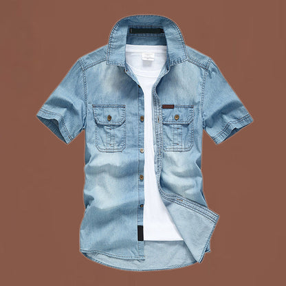 👔 50% RABATT NU! 🌊 Herr Casual Denimskjorta med Korta Ärmar – Bomullsblandning & Vintage Tvättad – Perfekt för Sommar & Vardag – Dubbla Bröstfickor ☀️