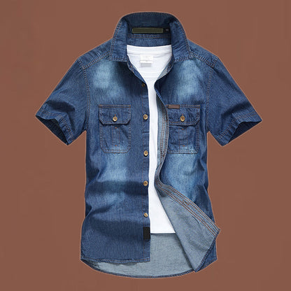 👔 50% RABATT NU! 🌊 Herr Casual Denimskjorta med Korta Ärmar – Bomullsblandning & Vintage Tvättad – Perfekt för Sommar & Vardag – Dubbla Bröstfickor ☀️