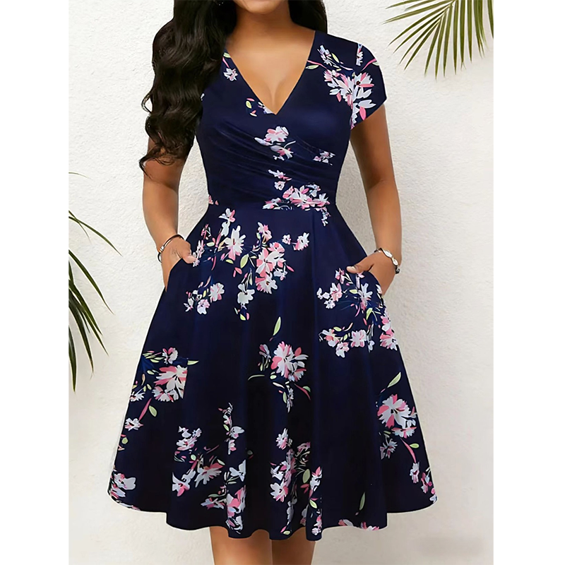 🔥Blommig damklänning med fickor – elegant stil och bekväm passform 🌸