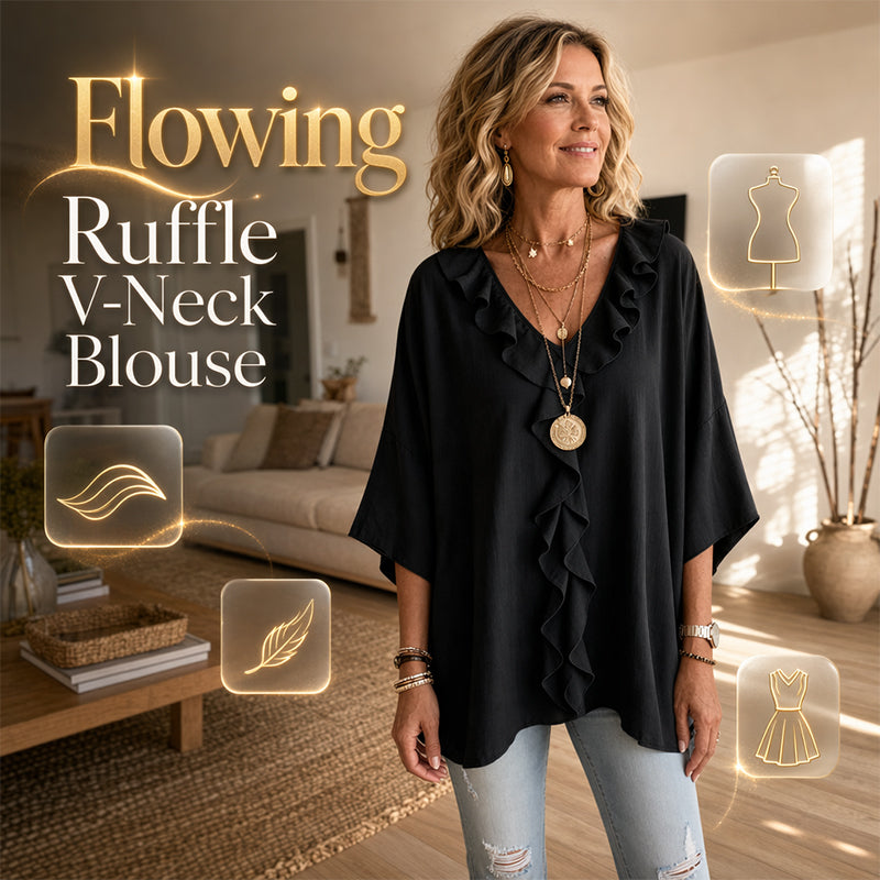 ⌛Tidsbegränsat erbjudande - Damblus med V-ringning och volangkant, avslappnad passform