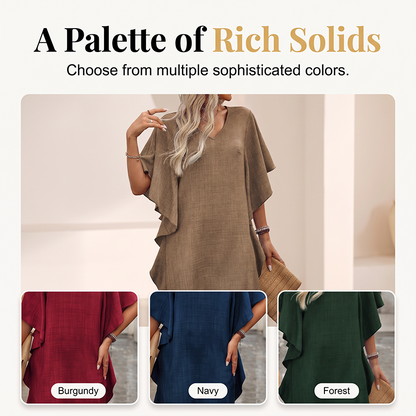 Kort klänning för damer i enfärgat tyg med V-ringning och volangärmar