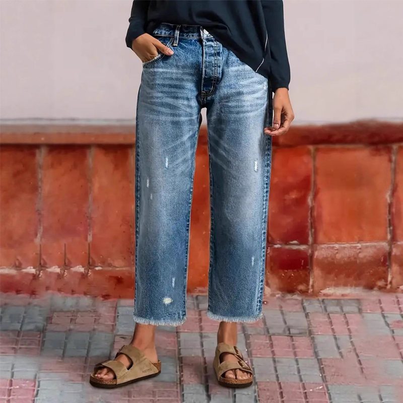 👖 50 % RABATT NU! ✨ Dam retro croppad raka ben jeans – fransad fåll, premiumdenim & tidlös vintagecharm 🦋