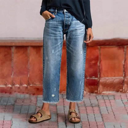 👖 50 % RABATT NU! ✨ Dam retro croppad raka ben jeans – fransad fåll, premiumdenim & tidlös vintagecharm 🦋