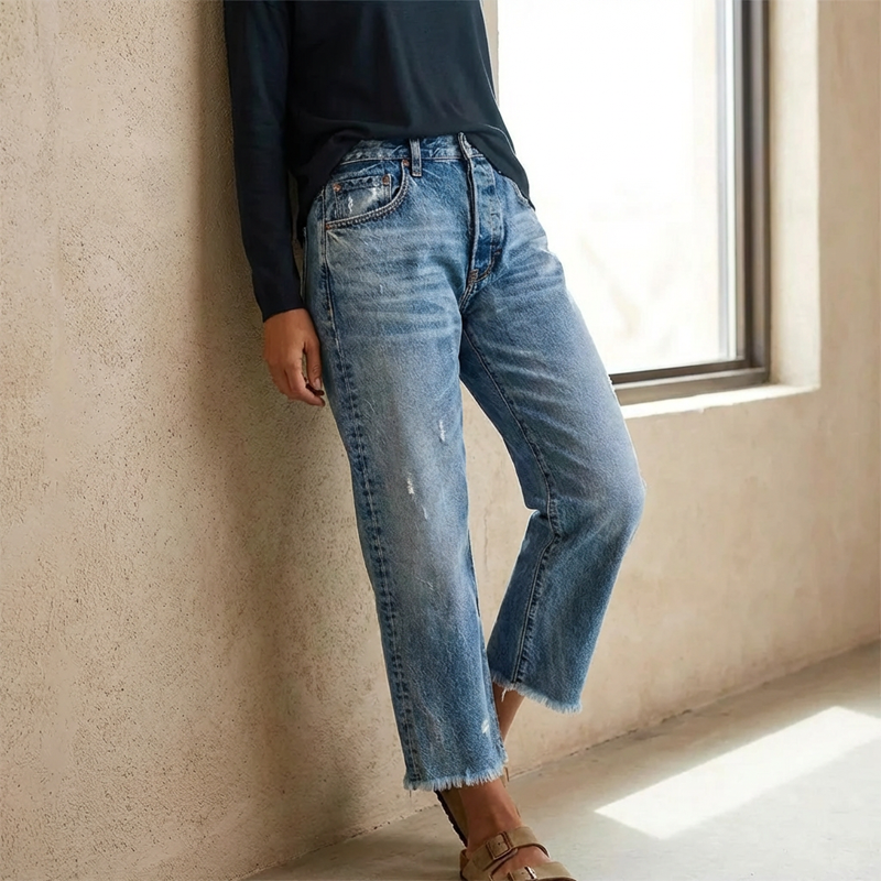👖 50 % RABATT NU! ✨ Dam retro croppad raka ben jeans – fransad fåll, premiumdenim & tidlös vintagecharm 🦋