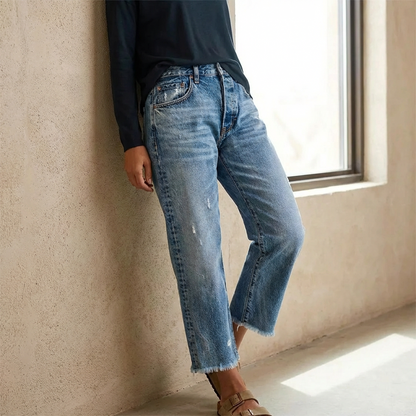 👖 50 % RABATT NU! ✨ Dam retro croppad raka ben jeans – fransad fåll, premiumdenim & tidlös vintagecharm 🦋