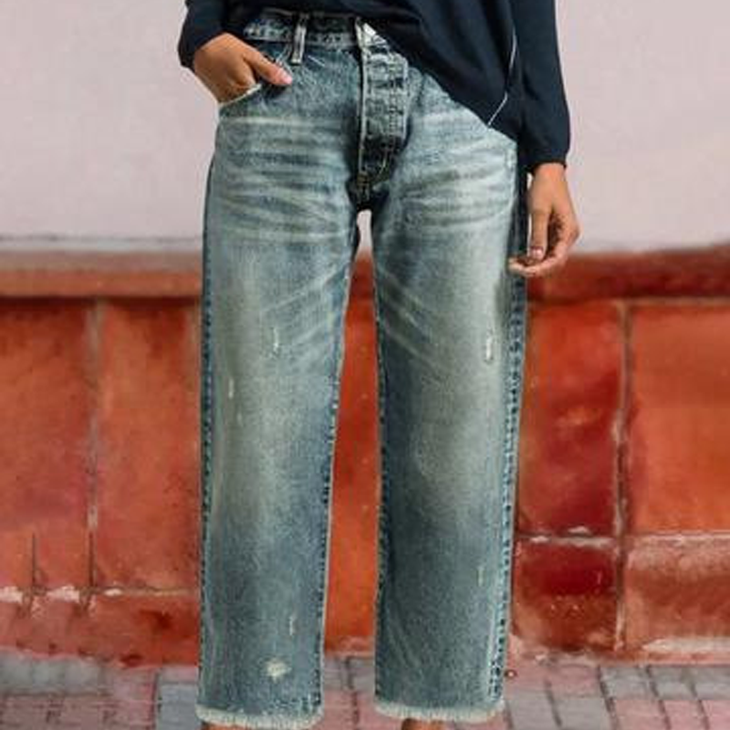 👖 50 % RABATT NU! ✨ Dam retro croppad raka ben jeans – fransad fåll, premiumdenim & tidlös vintagecharm 🦋