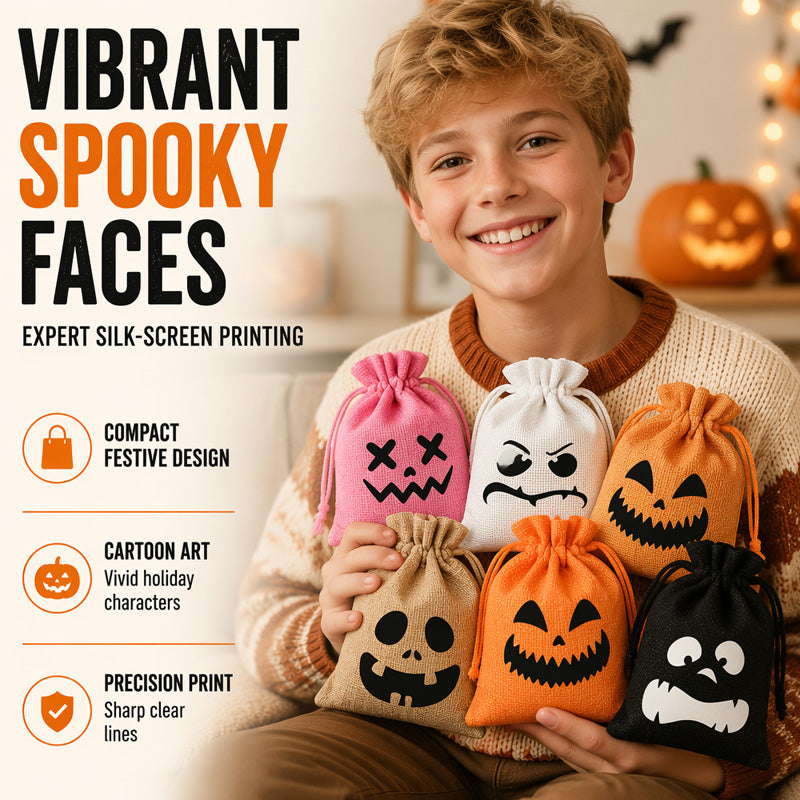 👻Tidsbegränsat erbjudande: Köp 1, få 2 gratis🎃Halloween-påsar i säckväv med dragsko – godispåse med läskigt ansikte