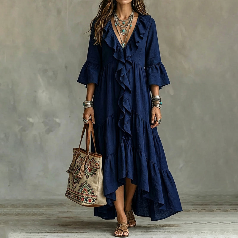 Trend just nu⭐👗 V-halsklänning med volanger och klockärmar – tidlös retrostil för moderna kvinnor
