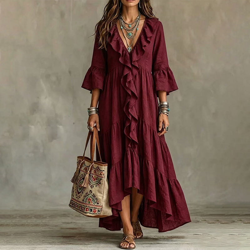 Trend just nu⭐👗 V-halsklänning med volanger och klockärmar – tidlös retrostil för moderna kvinnor
