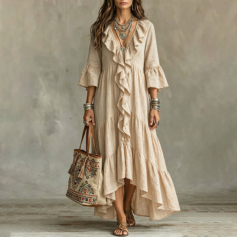 Trend just nu⭐👗 V-halsklänning med volanger och klockärmar – tidlös retrostil för moderna kvinnor