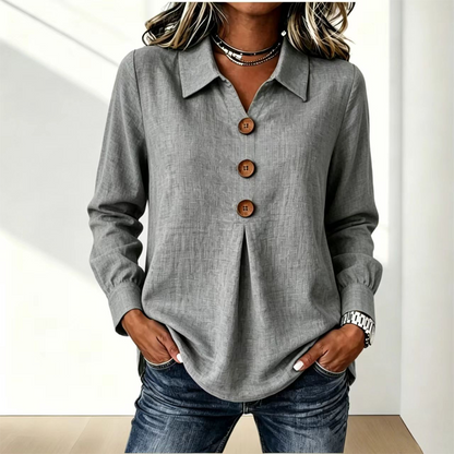 Bästsäljare🔥 👚 Elegant slagkragetopp med knappar – tidlös och stilren för kontor och vardag