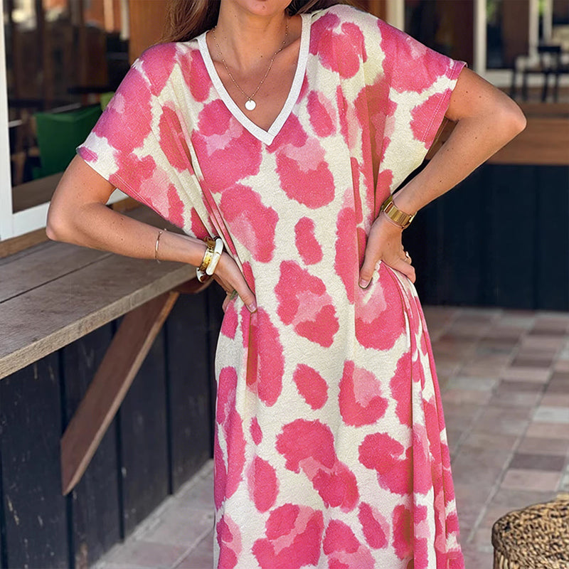 Casualklänning för damer med V-ringning och leopardmönster