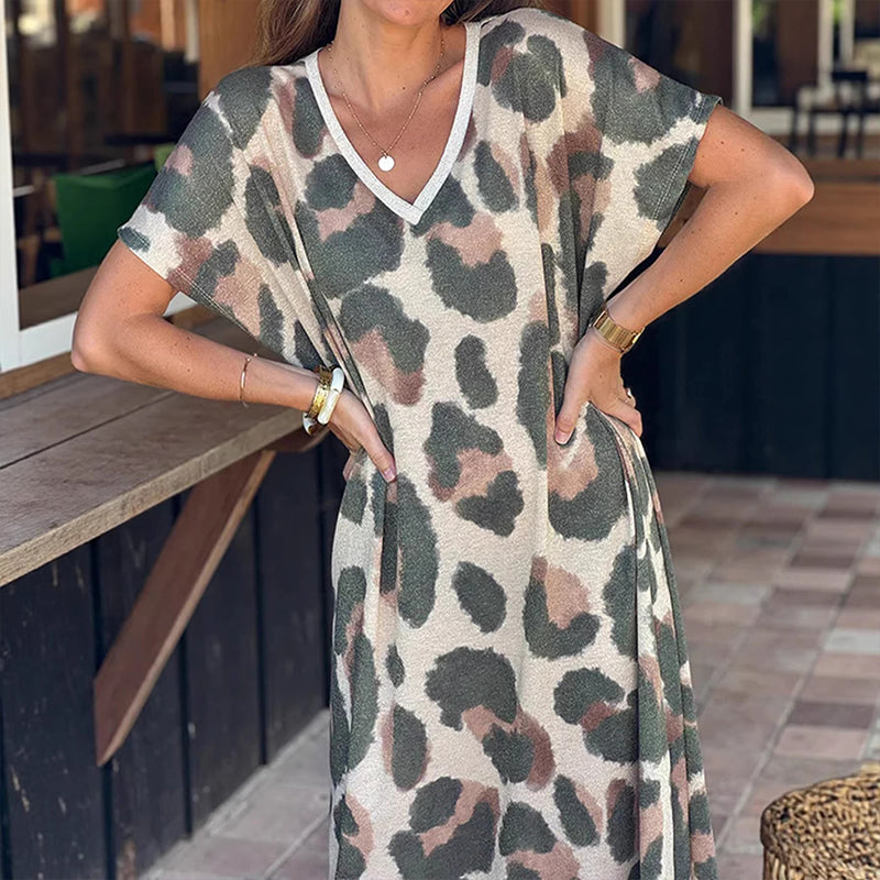 Casualklänning för damer med V-ringning och leopardmönster