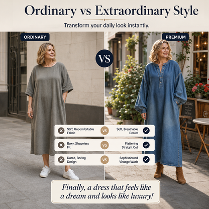 Bästsäljare🔥 👗 Vintage denim maxiklänning med lanternärmar – mjuk och andningsbar för en avslappnad chic look