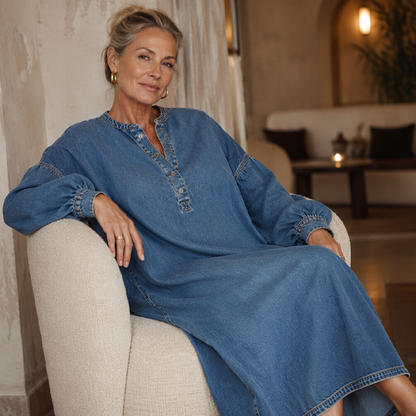 Bästsäljare🔥 👗 Vintage denim maxiklänning med lanternärmar – mjuk och andningsbar för en avslappnad chic look