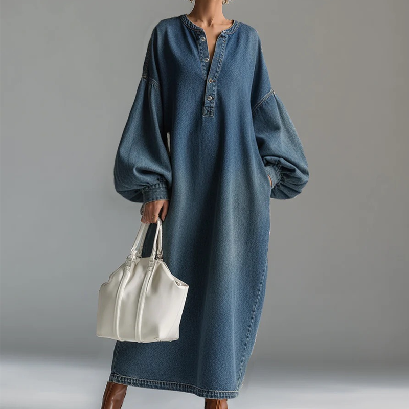 Bästsäljare🔥 👗 Vintage denim maxiklänning med lanternärmar – mjuk och andningsbar för en avslappnad chic look